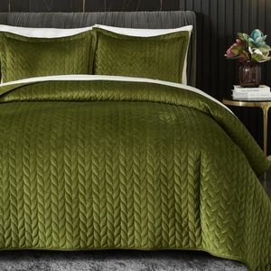 Olive Green Soft Velvet Leaves Leaf Stitching Quilt Bedding Set Queen Size Bed